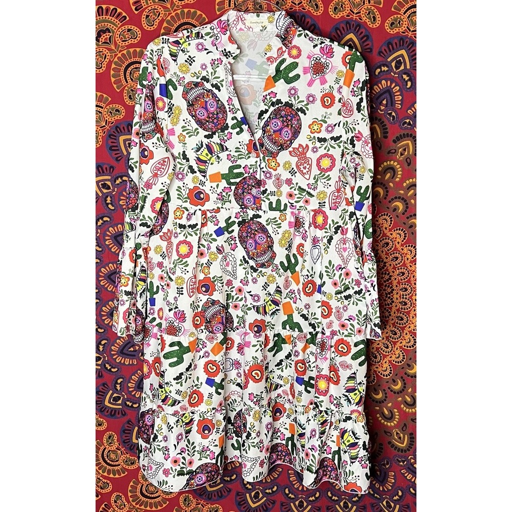 Sunday Up Boutique L Day Of The DeadTiered Ruffle Sleeve MIDI Dress Cactus Skull